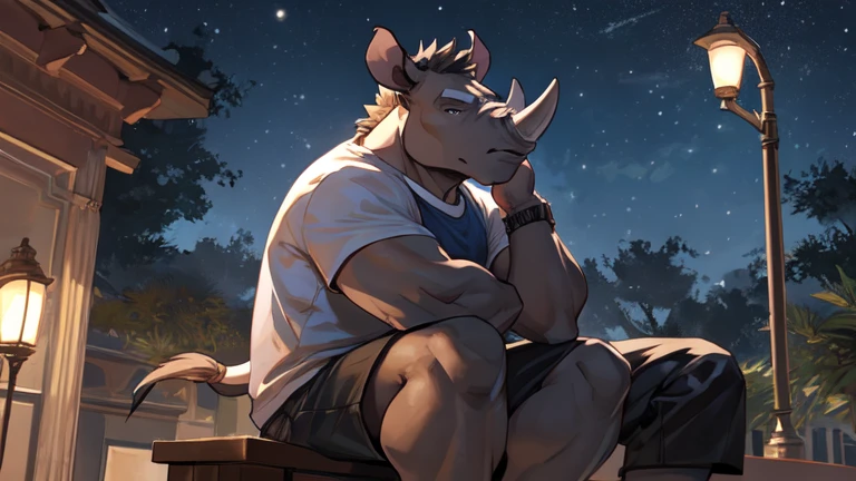 Environnement : A park with vegetation dimly lit by street lamps, le clair de lune , light rain,. Le protagoniste est assis sur un banc, immersed in thoughts. Personnages : Protagoniste : anthro (rhino), male, alone, (rhino), il regarde le clair de lune, with an expression mixed with sadness and worry. Tenue : Il porte un t-shirt rouge avec un short beige. Ses mains s'agrippent à ses genoux, testifying to his inner turmoil. [Diaporama du protagoniste assis sur un banc, looking up into the moonlit sky]. hdr, par mystikfox61, par darkgem, par Glitter Trap Boy, par bebebebebe
