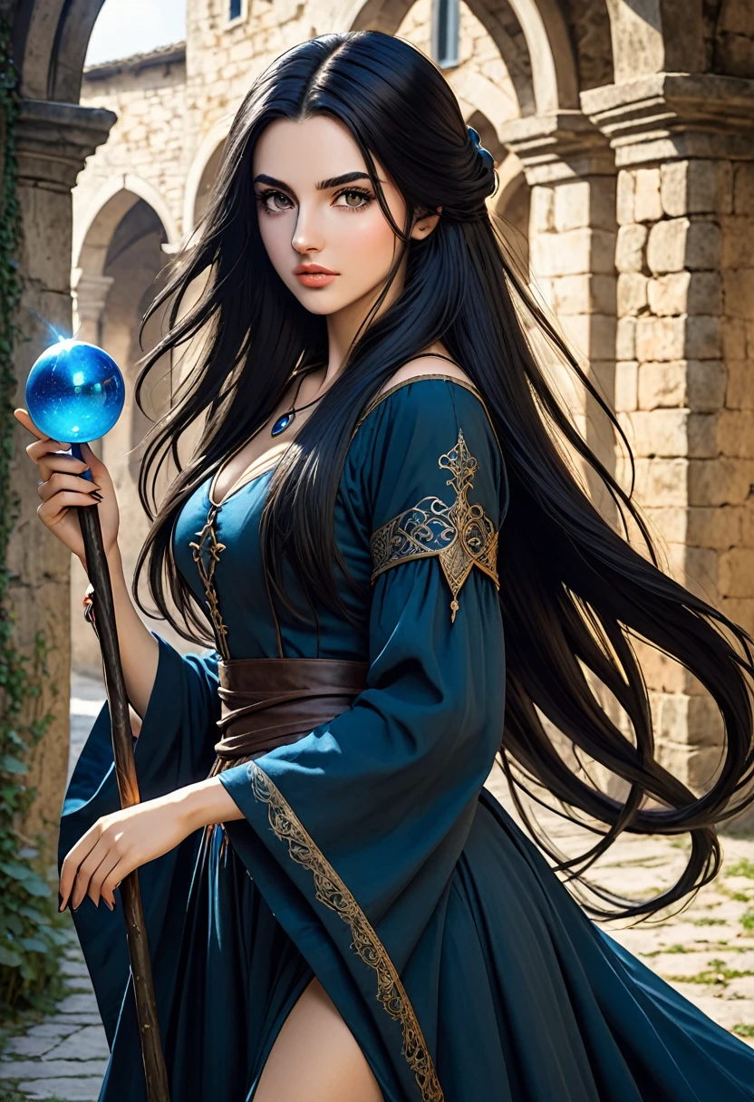 European medieval fantasy sorceress, Italian features, 22 years old, very long black hair, holds a long stick with orbs