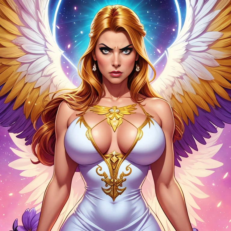 comics art,vivid colors,beautiful vintage angel warrior woman with very big big wings,beautifu lface,corpo de frente para o observador,segurando uma espada na frente do corpo,white dress with gold embroid details,little breasts, determined angry face expression,flowery background,vivid colors,soft lighting)