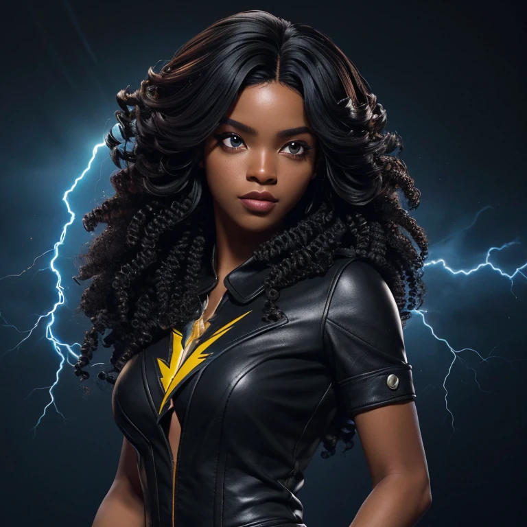 (Personagem feminina preta estilo jogo free fire)), ((mulher arafada))((African American Asian)), ((Com cabelo preto cacheado preso com algumas mechas soltas)), ((E uma blusa preta de manga comprida comprada de gola alta escrita Garota)),((She is facing the camera looking to the side, black and blue lightning background))Garota negra, com cabelo cacheado e parece bastante volumoso.The natural style of curls suggests that the hair has a texture that holds the shape of the curls well. Dark brown eyes black image background with blue lightning without much chest,  com. Os olhos um pouco fechado