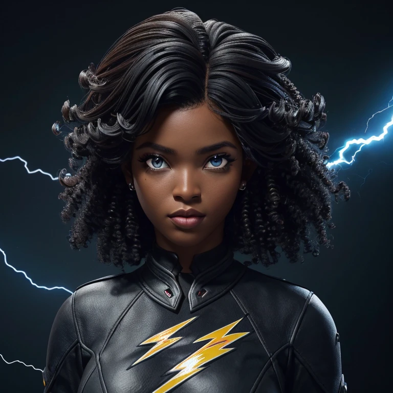 (Personagem feminina preta estilo jogo free fire)), ((mulher arafada))((African American Asian)), ((Com cabelo preto cacheado preso com algumas mechas soltas)), ((E uma blusa preta de manga comprida comprada de gola alta escrita Garota)),((She is facing the camera looking to the side, black and blue lightning background))Garota negra, com cabelo cacheado e parece bastante volumoso.The natural style of curls suggests that the hair has a texture that holds the shape of the curls well. Dark brown eyes black image background with blue lightning without much chest,  com. Os olhos um pouco fechado