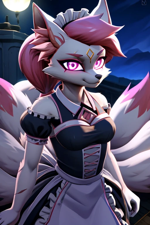 kimiko, furry female anthro, fox girl, white body fur, Pink hair, multiple tails, multi tail, solo, body fur, (best quality), cinematic lighting, anime style, short ponytail, scar on the eye, 2D, detailed background, detailed background, best quality, ultra detail, good lighting, solo, high quality, detailed body, detailed eyes, detailed face, masterpiece, glistening body, shiny body, detailed body fur, best quality, perfect lighting, perfect shadows, perfect eyes, perfect hair, perfect face, gorgeous body, clear sky, glowing eyes, maid costume