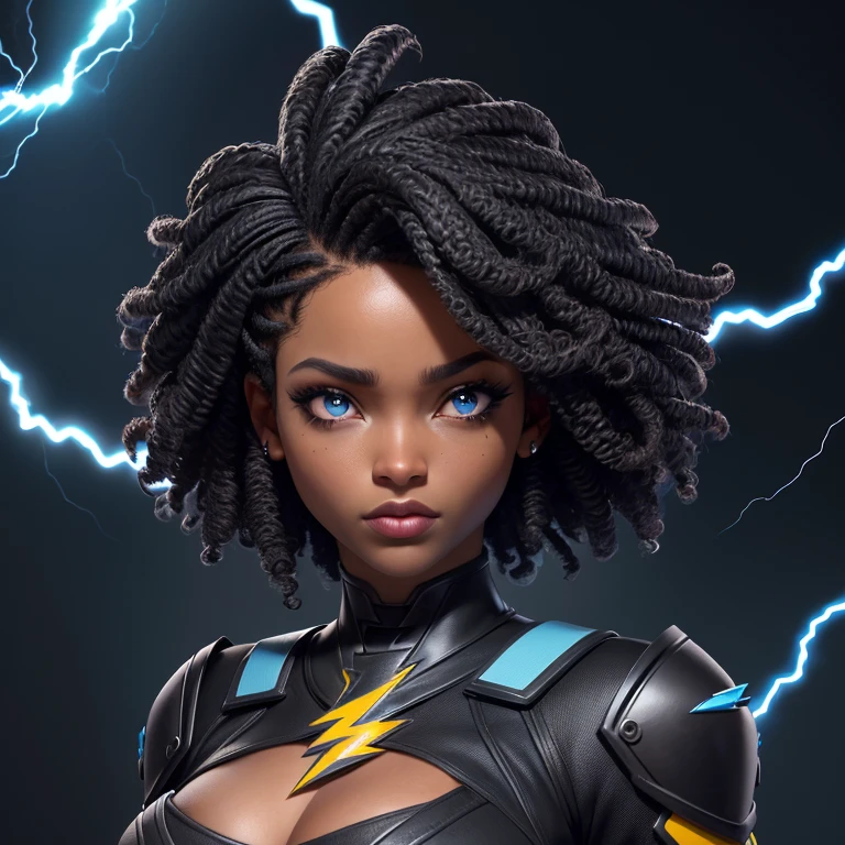 (Personagem feminina preta estilo jogo free fire)), ((mulher arafada))((African American Asian)), ((Com cabelo preto cacheado preso com algumas mechas soltas)), ((E uma blusa preta de manga comprida comprada de gola alta escrita Garota)),((She is facing the camera looking to the side, black and blue lightning background))Garota negra, com cabelo cacheado e parece bastante volumoso.The natural style of curls suggests that the hair has a texture that holds the shape of the curls well. Dark brown eyes black image background with blue lightning without much chest, com. Os olhos um pouco fechado