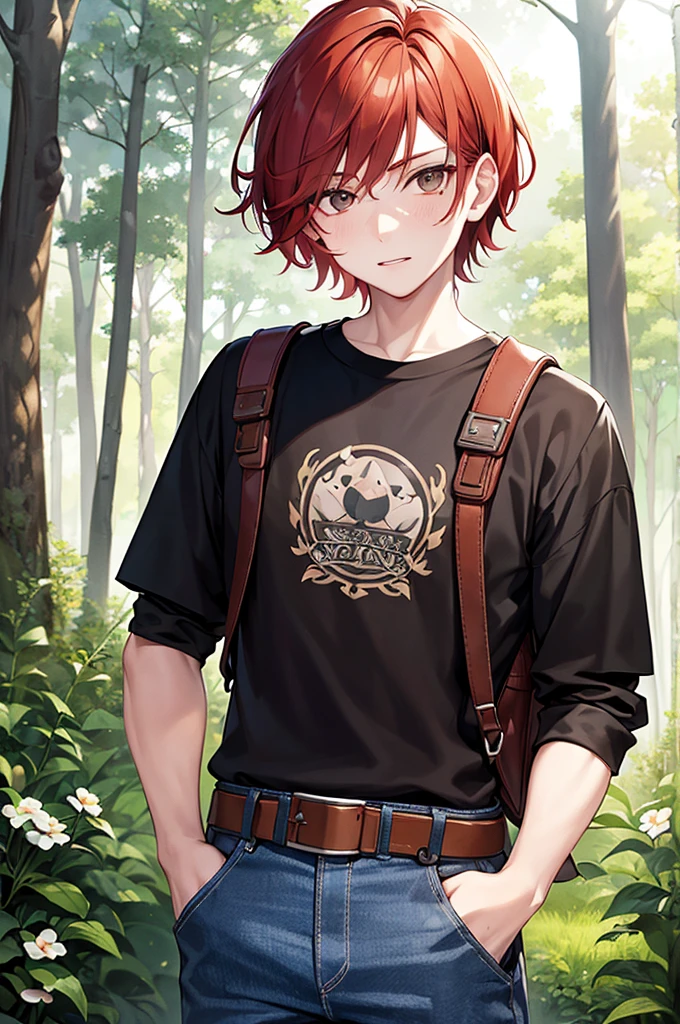 Young redheaded boy, very short wavy hair, effeminate face, in the forest, drawing in a notebook, backpack and raccoon tail attached to the belt, modern clothing, torn jeans pants, black t-shirt, white flowers, light, sun, detailed face, brown eyes, detailed hair, detailed eyes, freckles.