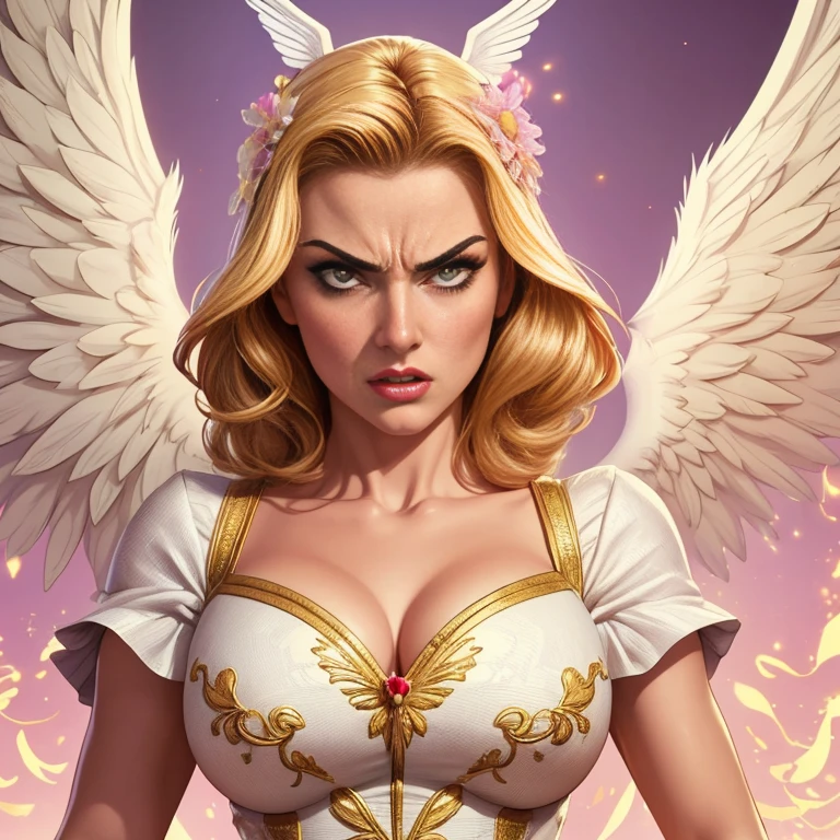 comics art,vivid colors,beautiful vintage angel warrior woman with very big big wings,beautifu lface,corpo de frente para o observador,segurando uma espada na frente do corpo,white dress with gold embroid details,little breasts, determined angry face expression,flowery background,soft lighting)