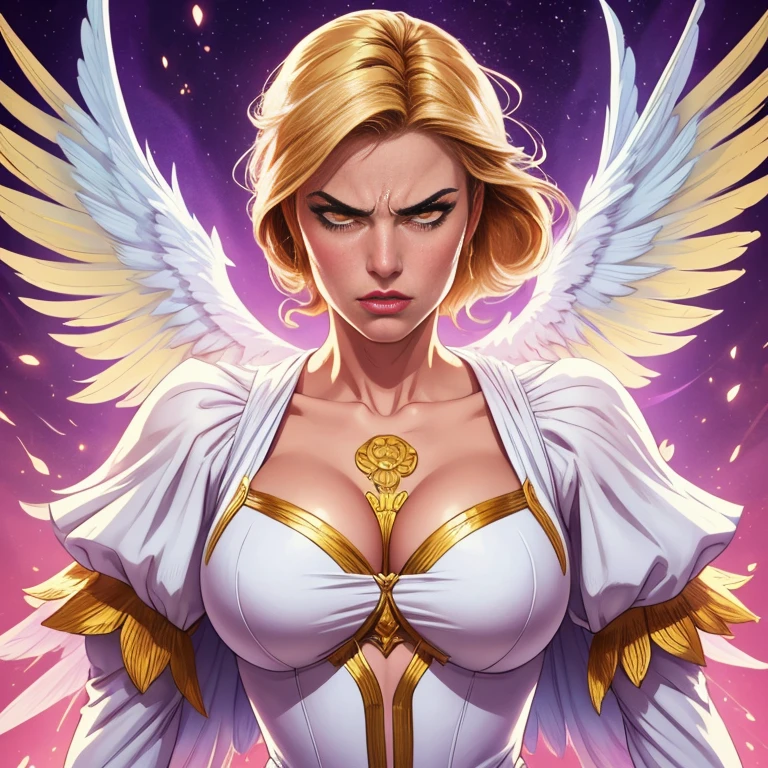 comics art,vivid colors,beautiful vintage angel warrior woman with very big big wings,beautifu lface,corpo de frente para o observador,segurando uma espada na frente do corpo,white dress with gold embroid details,little breasts, determined angry face expression,flowery background,soft lighting)