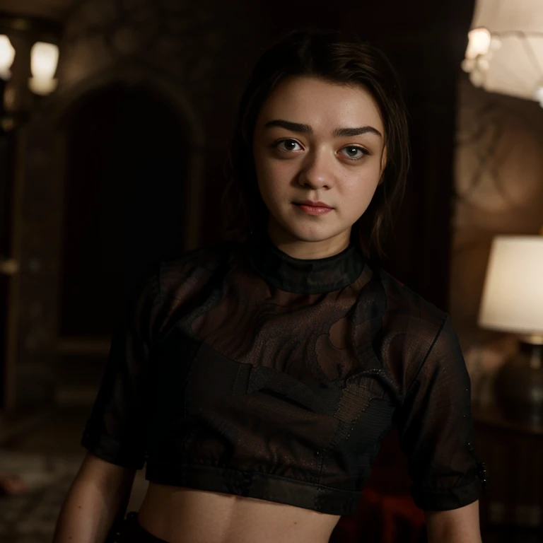 Masterpiece, best quality, detailed face, Arya Stark, sexy dress, midriff, in a room, looking at viewer, sexy smirk face