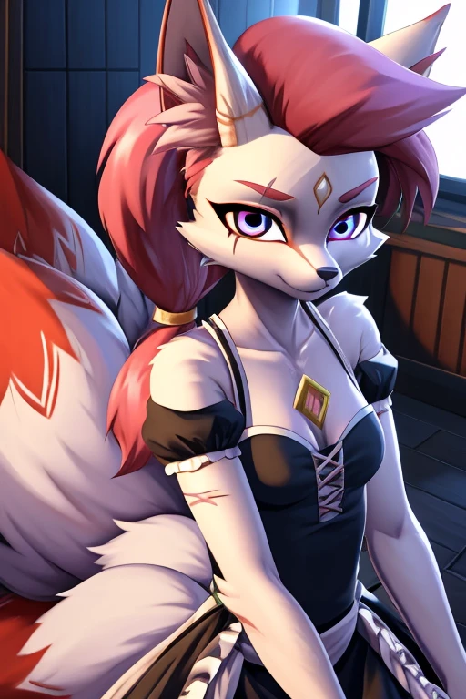 kimiko, furry female anthro, fox girl, white body fur, Pink hair, multiple tails, multi tail, solo, body fur, (best quality), cinematic lighting, anime style, short ponytail, scar on the eye, 2D, detailed background, detailed background, best quality, ultra detail, good lighting, solo, high quality, detailed body, detailed eyes, detailed face, masterpiece, glistening body, shiny body, detailed body fur, best quality, perfect lighting, perfect shadows, perfect eyes, perfect hair, perfect face, gorgeous body, clear sky, glowing eyes, maid costume