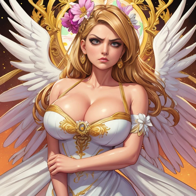 comics art,vivid colors,beautiful vintage angel warrior woman with very big big wings,beautifu lface,corpo de frente para o observador,segurando uma espada na frente do corpo,white dress with gold embroid details,little breasts, determined angry face expression,flowery background,soft lighting)