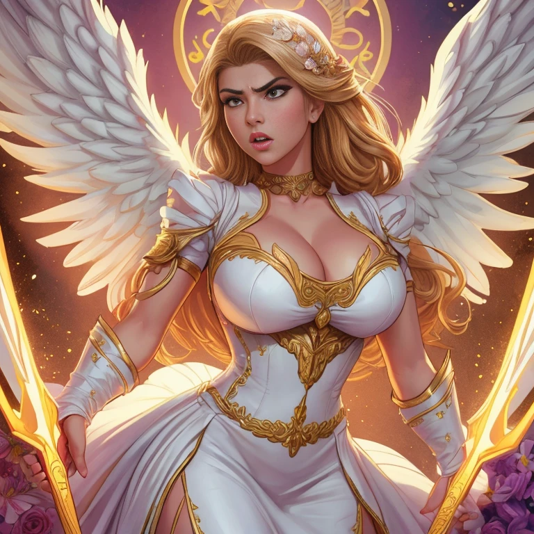 comics art,vivid colors,beautiful vintage angel warrior woman with very big big wings,beautifu lface,corpo de frente para o observador,segurando uma espada na frente do corpo,white dress with gold embroid details,little breasts, determined angry face expression,flowery background,soft lighting)