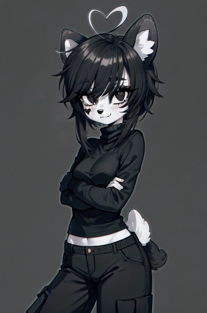 kenny \(kenashcorp\), 1girl, (dog, dog girl), furry, dog ears, heart ahoge, animal nose, black and white fur, black arms, eyes makeup, black eyes, dog tail, cheek heart, black hair, medium hair, simple background, dark background, black sweater, turtleneck, black cargo pants 