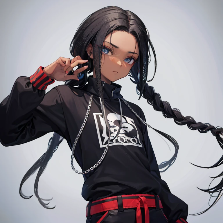 Um homem de cor preto, com cabelos dread estilo snoop dog, e com uma catana nas costas
