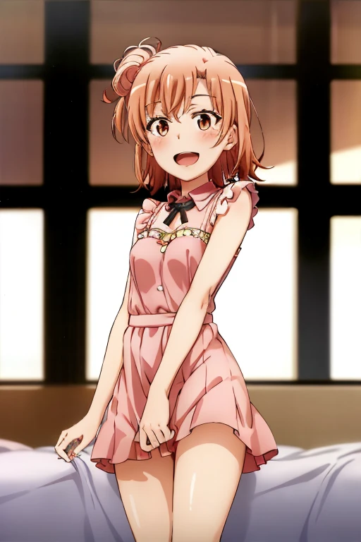 ((highest quality)), ((masterpiece)), (be familiar with), Perfect Face, indoor, Bedroom, Watching the audience,
One woman, Yuigahama Yui,
Open Mouth, Ecstatic expression, blush, smile,
Small breasts, Flat Chest, Young Girl, , , Girl,
Short Hair, Salmon-colored hair, Salmon-colored eyes, Side Pony,
Leg spread,