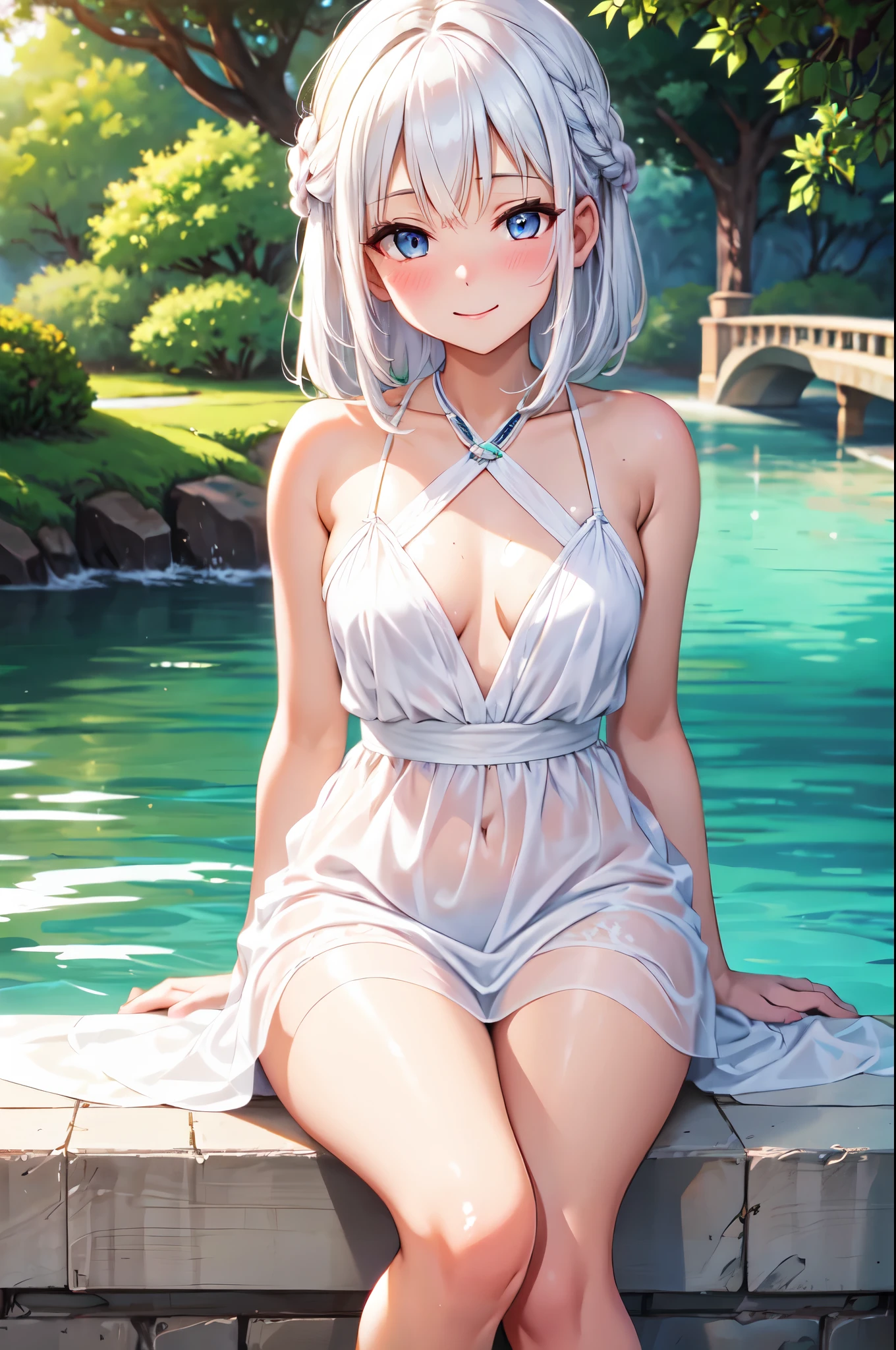 (High quality, High resolution, Fine details), brook, (Small bridge), White Dress, solo, curvy women, white hair, sparkling eyes, (Detailed eyes:1.2), smile, blush, Sweat, (Suntanned skin:1.2), Oily skin, Soft tones, shallow depth of field
