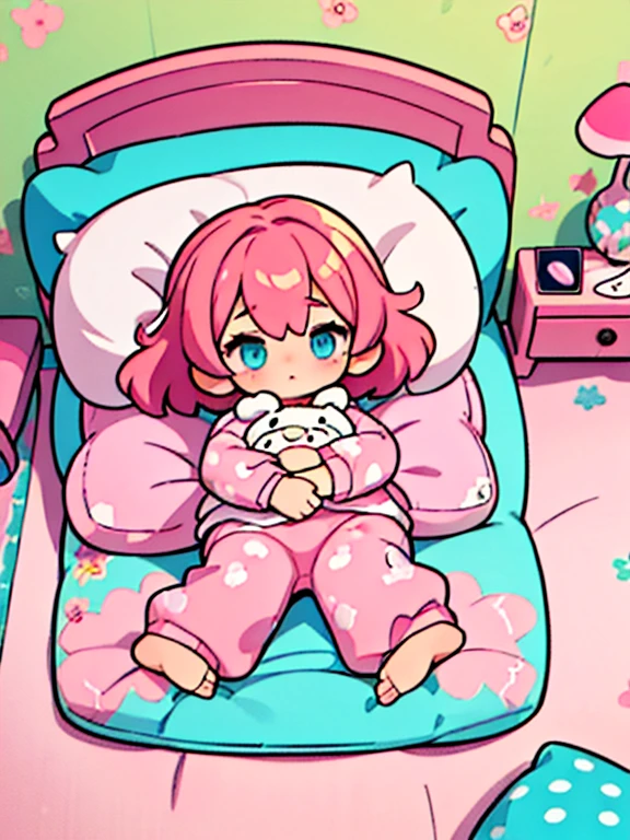 The room has a pink four poster bed., fondo del dormitorio,lujo,(cama enorme), ((muchas almohadas rosas ))((almohada de felpa)),((fluffy futon)), Personaje de anime con una mujer en el medio sobre una cama .,Cabello largo y rubio,blue eyes,pijama rosa con volantes