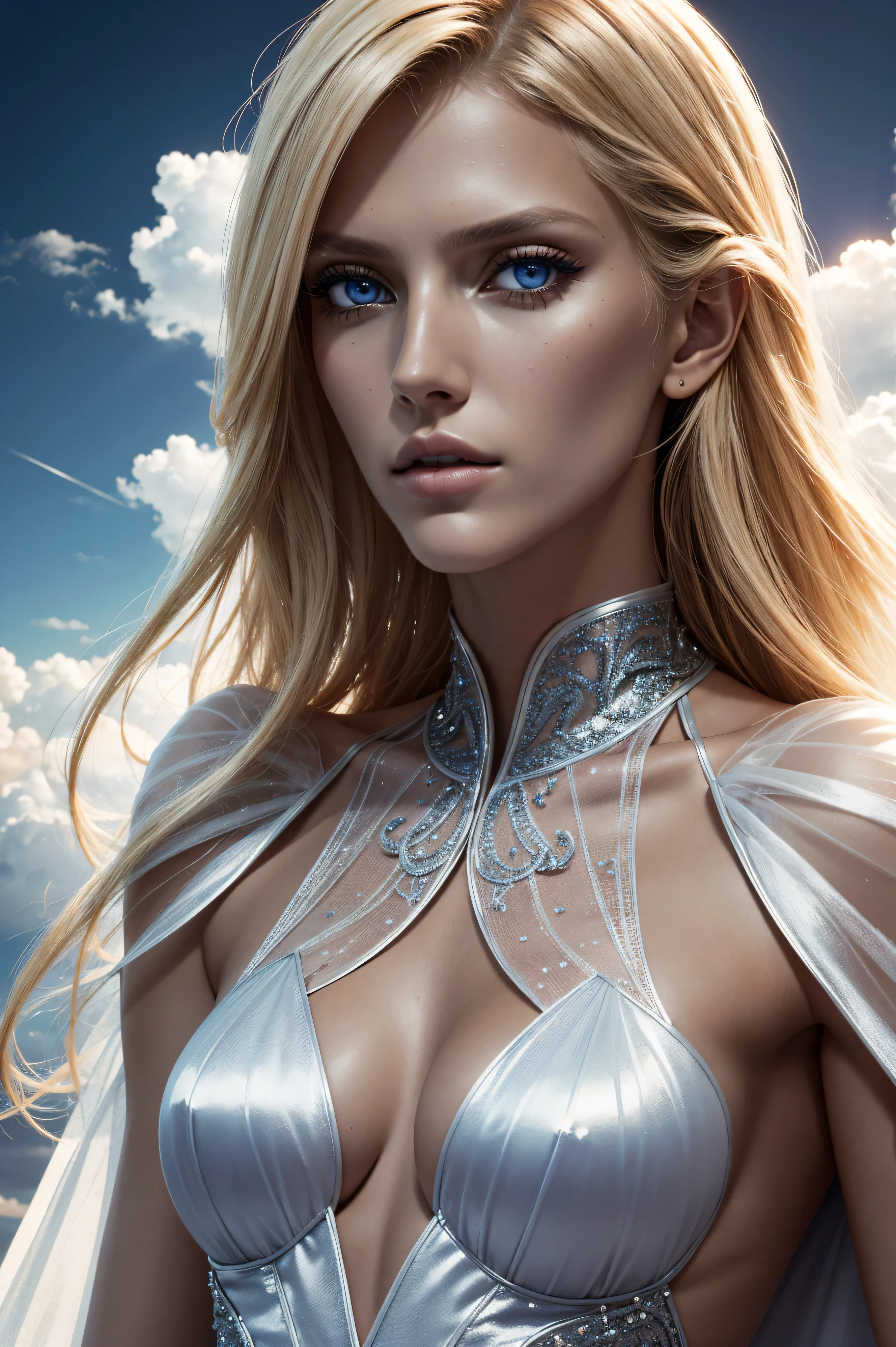 Anja Rubik, wearing cosmos costume transparent. professionally retouched, soft lighting, realistic, smooth face, perfect eyes, sharp focus on eyes, 8 k, high definition, insanely detailed, intricate, elegant. against the background of clouds.