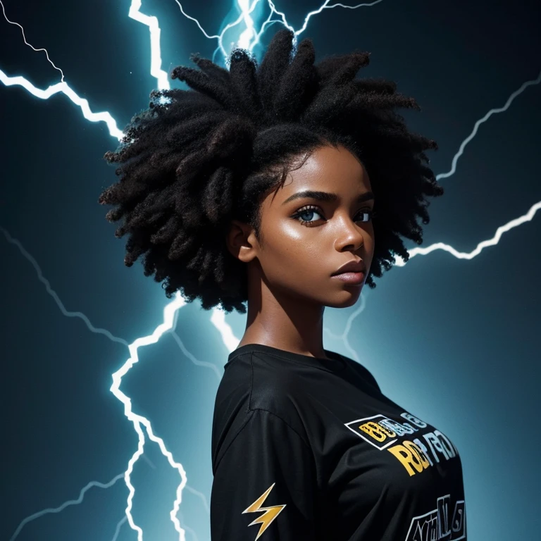 camera looking to the side, black and blue lightning background)) Mulher negra adulta jovem, com cabelo castanho escuro, cabelo afro curto amarrado, e uma blusa preta de manga comprida e gola alta escrita, Ela está de frente para a camera looking to the side, Black and blue lightning image background, olhos um pouco fechado 
I