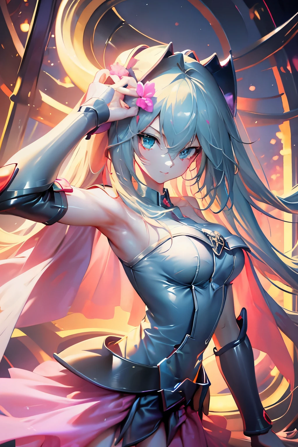 Hatsune Miku disfrazada de dark magician gils. Pose sensual y seductora. Fondo de magia 