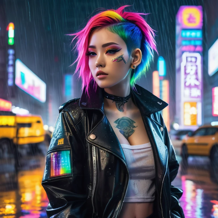 An anime-style cyberpunk girl with vivid rainbow hair and intricate tattoos covering her body stands bravely in the pouring rain. She wears a leather jacket with a fur collar and fingerless gloves. The neon-lit cityscape in the background is a blend of futuristic skyscrapers and traditional Japanese-style architecture. The rain creates a mesmerizing light show, reflecting off the city's shiny surfaces and creating a sense of wonder and excitement., anime
