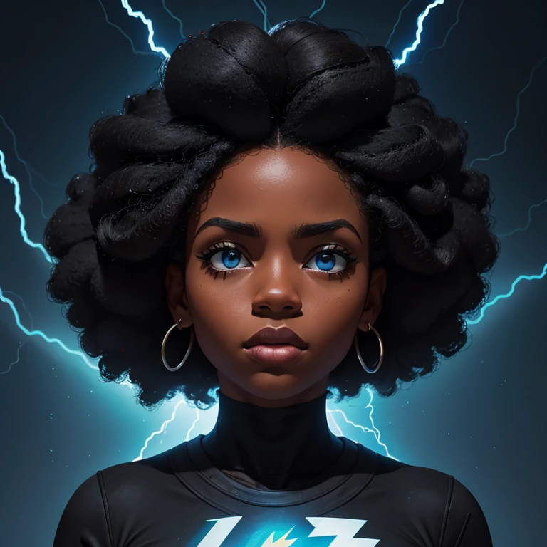 camera looking to the side, black and blue lightning background)) Mulher negra adulta jovem, com cabelo castanho escuro, cabelo afro curto amarrado, e uma blusa preta de manga comprida e gola alta escrita, Ela está de frente para a camera looking to the side, Black and blue lightning image background I