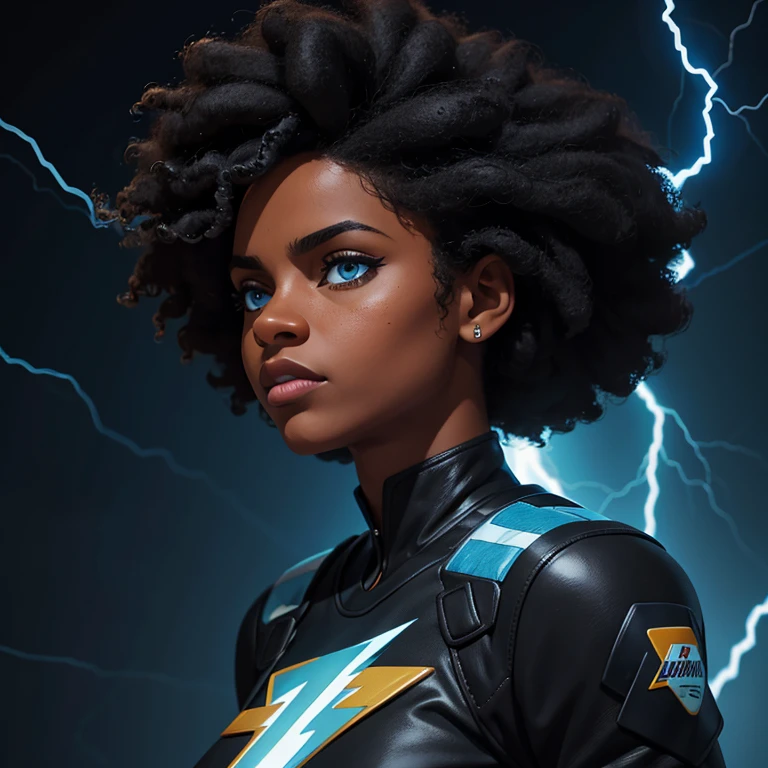 camera looking to the side, black and blue lightning background)) Mulher negra adulta jovem, com cabelo castanho escuro, cabelo afro curto amarrado, e uma blusa preta de manga comprida e gola alta escrita, Ela está de frente para a camera looking to the side, Black and blue lightning image background I