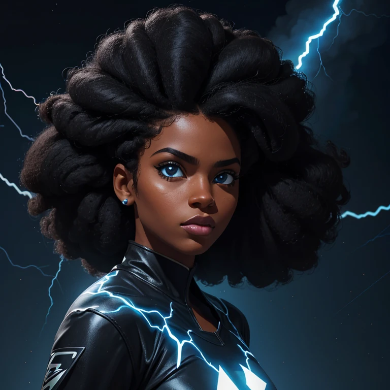 camera looking to the side, black and blue lightning background)) Mulher negra adulta jovem, com cabelo castanho escuro, cabelo afro curto amarrado, e uma blusa preta de manga comprida e gola alta escrita, Ela está de frente para a camera looking to the side, Black and blue lightning image background I