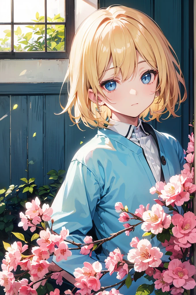Young boy, effeminate face, tiny, the size of a cherry, in front of a house window, blond hair, light blue eyes, flowers, nature, sun, detailed face, detailed hair,