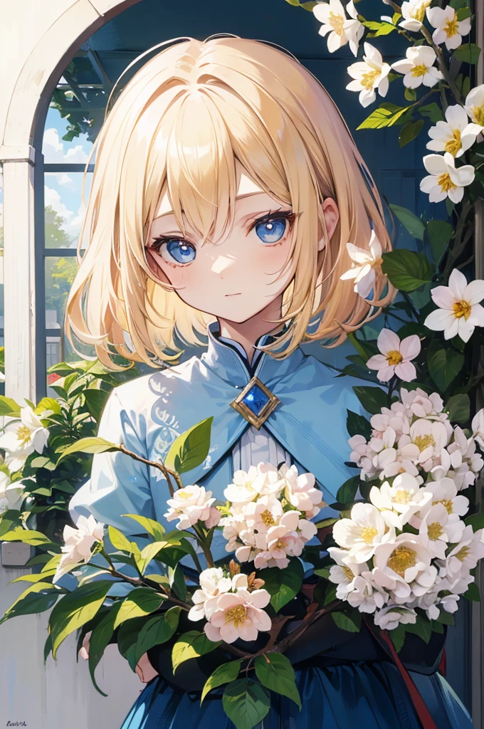  boy, effeminate face, tiny, the size of a cherry, in front of a house window, blond hair, light blue eyes, flowers, nature, sun, detailed face, detailed hair,