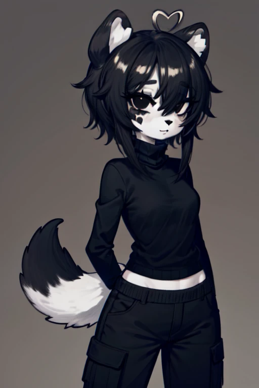 kenny \(kenashcorp\), 1girl, (dog, dog girl), furry, dog ears, heart ahoge, animal nose, black and white fur, black arms, eyes makeup, black eyes, dog tail, cheek heart, black hair, medium hair, simple background, dark background, black sweater, turtleneck, black cargo pants 