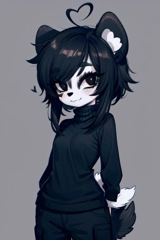 kenny \(kenashcorp\), 1girl, (dog, dog girl), furry, dog ears, heart ahoge, animal nose, black and white fur, black arms, eyes makeup, black eyes, dog tail, cheek heart, black hair, medium hair, simple background, dark background, black sweater, turtleneck, black cargo pants 