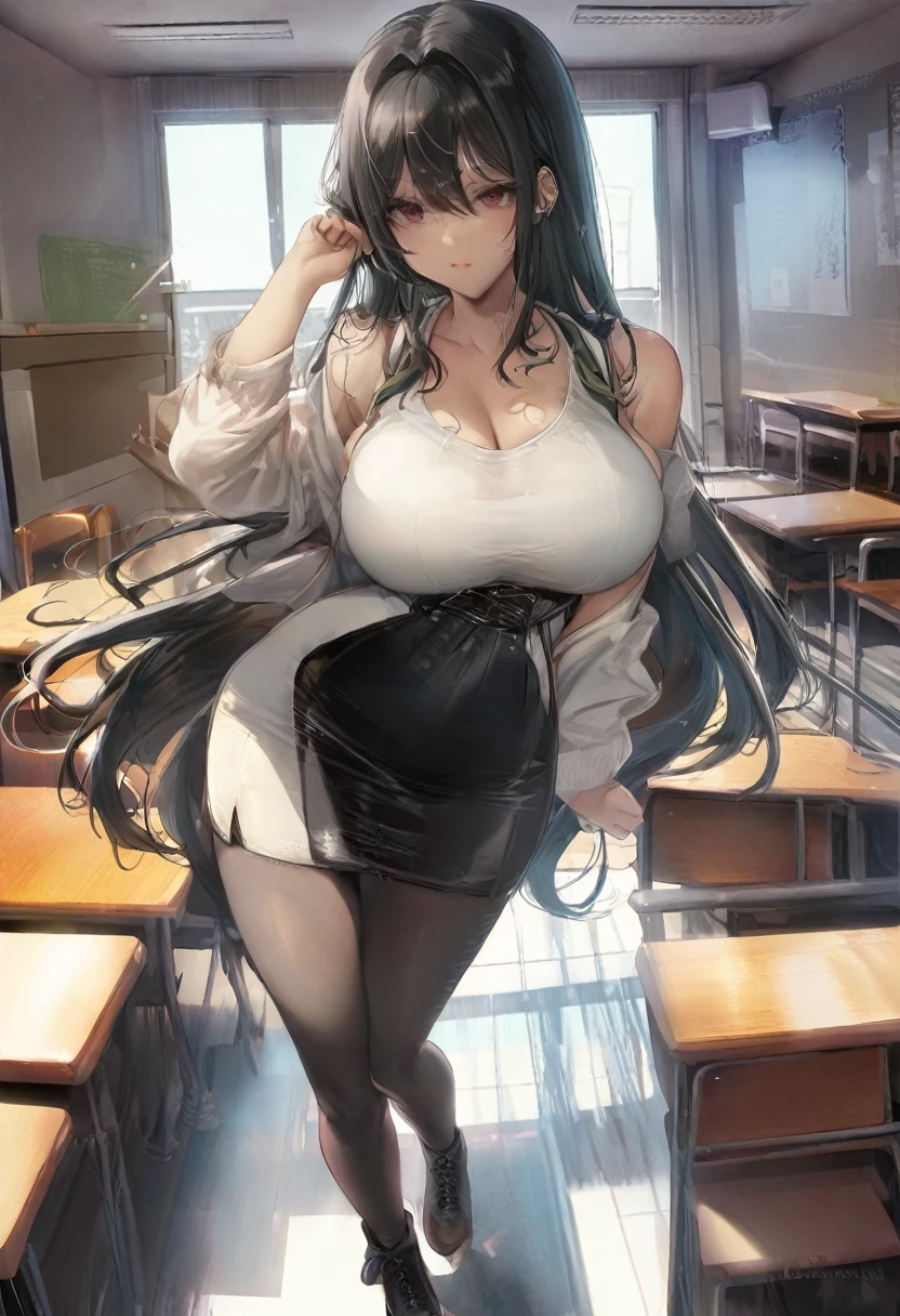 deep black hair, hair, 8k, (single girl), (masterpiece), ((ultra quality)), ((detailed eyes)), perfect face, (breasts stuck to the table), massive breasts, school girl, sexy look, (sit on chair and put her breasts on the table: 1.4), (massive breasts: 1.3)
