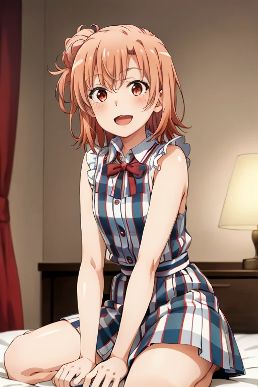 ((highest quality)), ((masterpiece)), (be familiar with), Perfect Face, indoor, Bedroom, Watching the audience,
One woman, Yuigahama Yui,
Open Mouth, Ecstatic expression, blush, smile,
Small breasts, Flat Chest, Young Girl, , , Girl,
Short Hair, Salmon-colored hair, Salmon-colored eyes, Side Pony,
Leg spread,