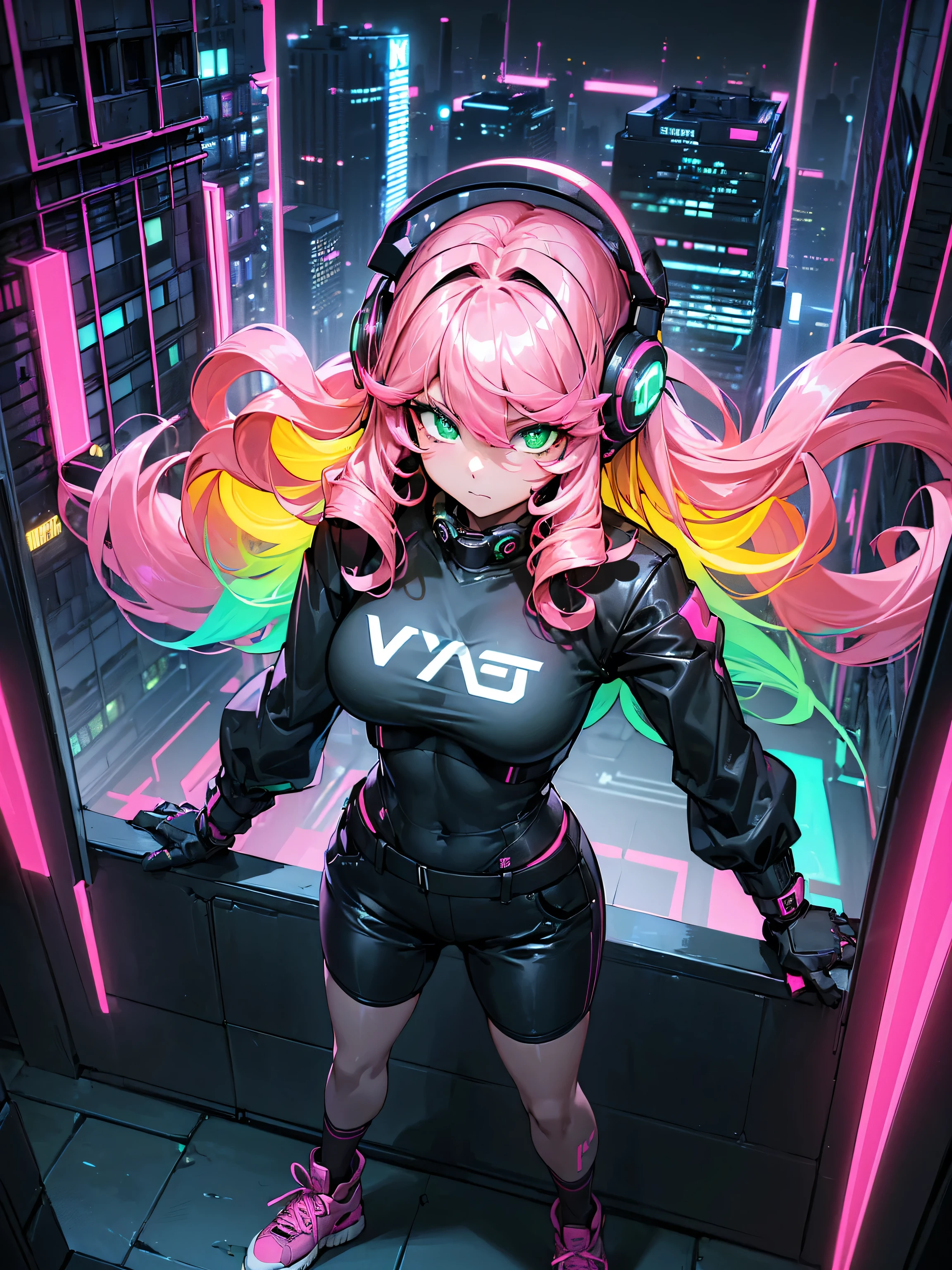 masterpiece:1.4, 1girl ((20year old, dressed in long sleeve shirt, tight black shorts, sneakers, medium breasts, multicolor pink hair, curly long hair, green eyes:1.4, Wearing headphones, badass, standing on a balcony:1.1 sci-fi skyline in background:1.1, neon and energetic atmosphere:1.2)) ((nighttime) ((wide camera angle, top view)) ((solo:1.6))