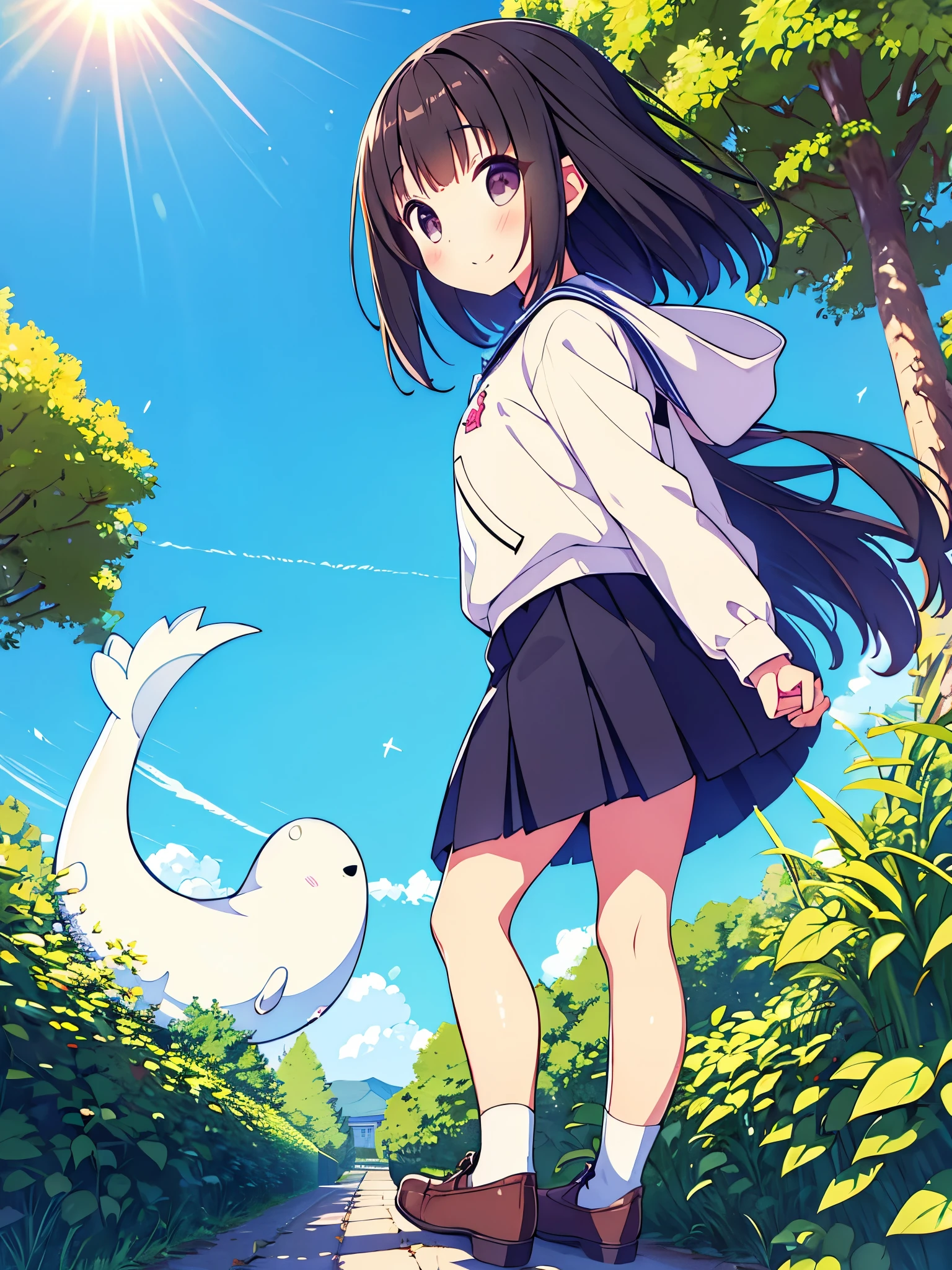 Al pie del monte. Fuji campo Elementary school girl 8 years pecho plano pelo negro pelo largo Los ojos son morados. sonrisa((1 person)) Sudadera con capucha y parte superior del cuerpo rosa Minifalda bajo cuerpo azul marino bragas blancas calcetines blancos botas deportivas day time They are standing ((Her skirt flips up and we can see her bragas blancas)) dynamic angle desde el frente