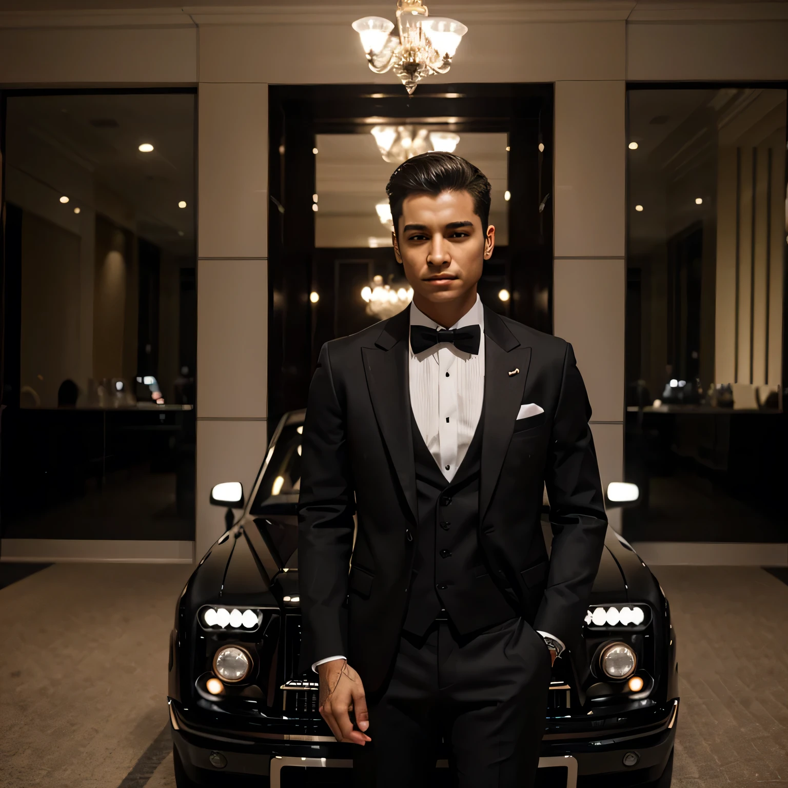 A boy wearing suit in front of black Rolc Royce 