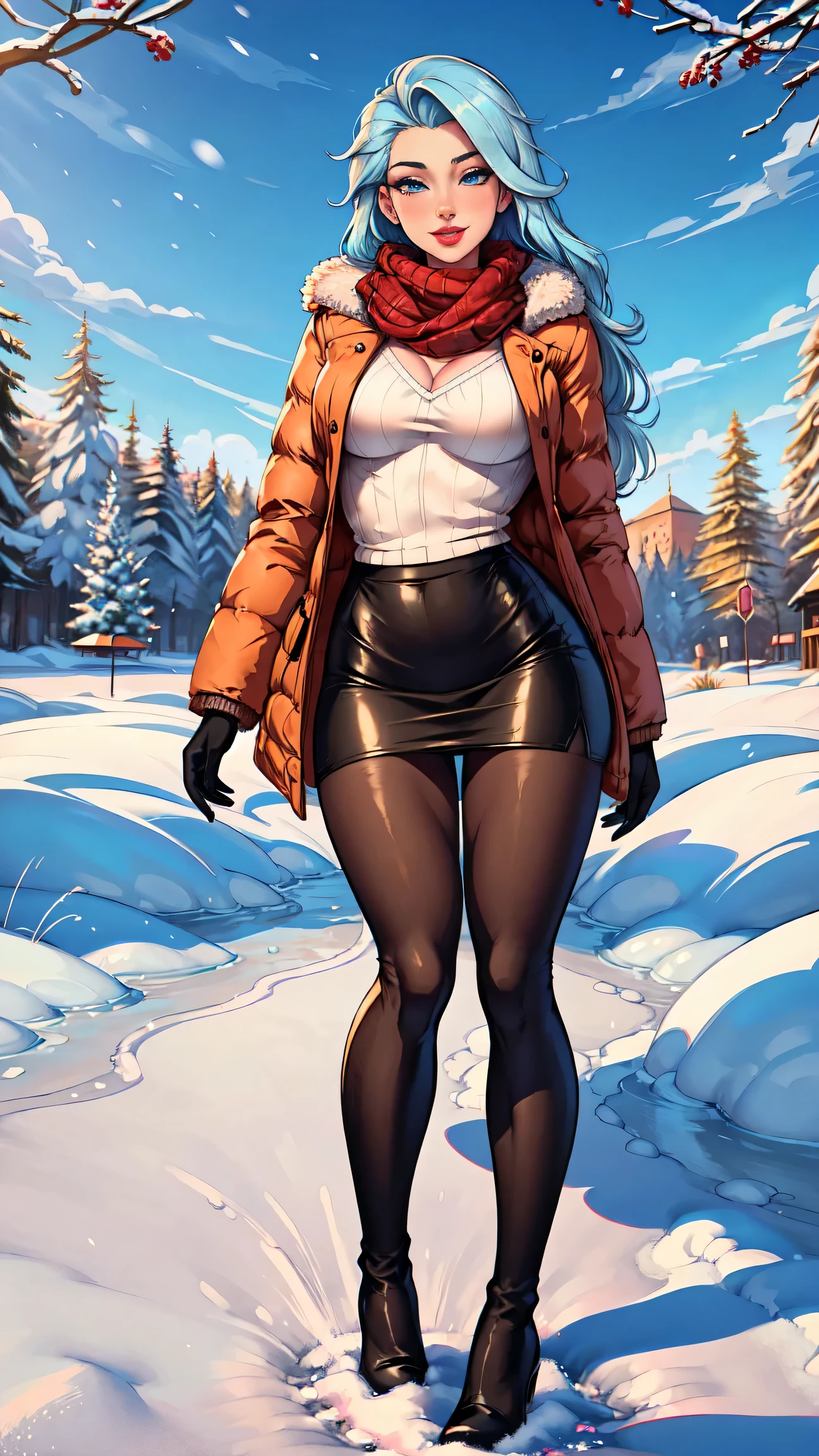(8k, best quality, masterpiece:1.2), (realistic, photo-realistic:1.37), ultra-detailed, 1 girl,cute, solo, ,beautiful detailed blue eyes, medium wavy hair, standing in a park, smiling, looking at viewer, ,light brown hair, full body view, , whole body shot, red hat,choker, yellow scarf, red sweater,, winter gloves, winter, snow, snowing, pantyhose, stockings black panties, converse, thick thighs