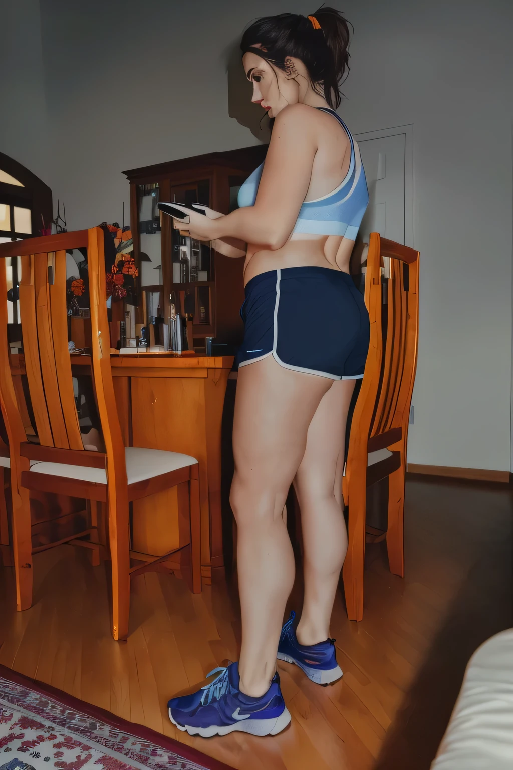 there is a woman standing in a room with a cell phone, sport bra and dark blue shorts, in shorts, side shot, legs visible, side pose, legs and arms, toned legs, thick legs, leg and thigh shot, sexy girl wearing shorts, leg and hip shot, exposed thighs!!!, long shot from back, leg shot, exposed thighs
