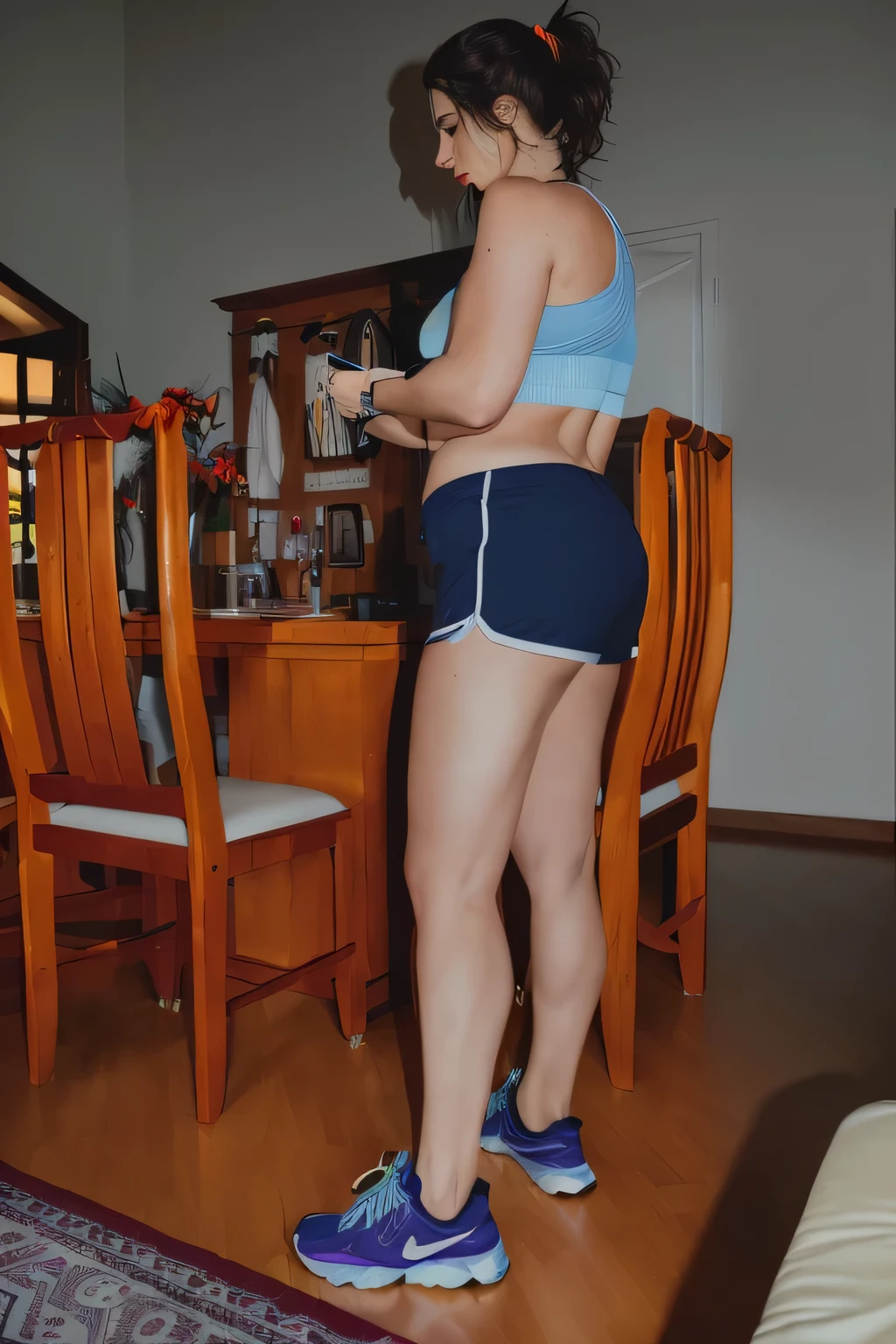 there is a woman standing in a room with a cell phone, sport bra and dark blue shorts, in shorts, side shot, legs visible, side pose, legs and arms, toned legs, thick legs, leg and thigh shot, sexy girl wearing shorts, leg and hip shot, exposed thighs!!!, long shot from back, leg shot, exposed thighs