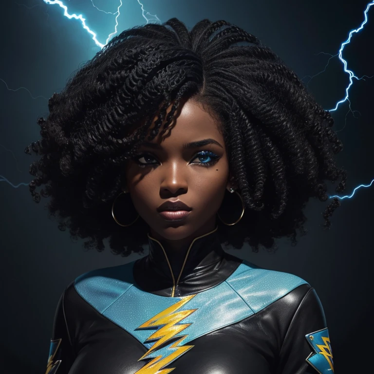 ((Personagem feminina preta estilo jogo free fire)), ((mulher arafada))((African American Asian)), ((Com cabelo preto cacheado preso com algumas mechas soltas)), ((E uma blusa preta de manga comprida comprada de gola alta escrita Garota)),((She is facing the camera looking to the side, black and blue lightning background))Garota negra, com cabelo cacheado e parece bastante volumoso.The natural style of curls suggests that the hair has a texture that holds the shape of the curls well. Dark brown eyes black image background with blue lightning without much chest