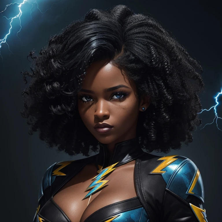 ((Personagem feminina preta estilo jogo free fire)), ((mulher arafada))((African American Asian)), ((Com cabelo preto cacheado preso com algumas mechas soltas)), ((E uma blusa preta de manga comprida comprada de gola alta escrita Garota)),((She is facing the camera looking to the side, black and blue lightning background))Garota negra, com cabelo cacheado e parece bastante volumoso.The natural style of curls suggests that the hair has a texture that holds the shape of the curls well. Dark brown eyes black image background with blue lightning without much chest