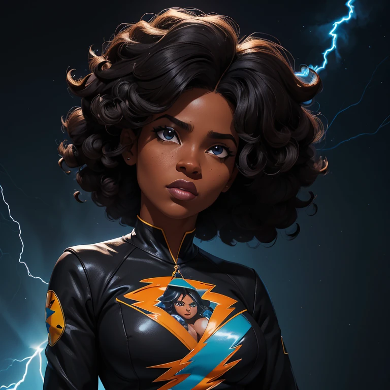 ((Personagem feminina preta estilo jogo free fire)), ((mulher arafada))((African American Asian)), ((Com cabelo preto cacheado preso com algumas mechas soltas)), ((E uma blusa preta de manga comprida comprada de gola alta escrita Garota)),((She is facing the camera looking to the side, black and blue lightning background))Garota negra, com cabelo cacheado e parece bastante volumoso.The natural style of curls suggests that the hair has a texture that holds the shape of the curls well. Dark brown eyes black image background with blue lightning without much chest