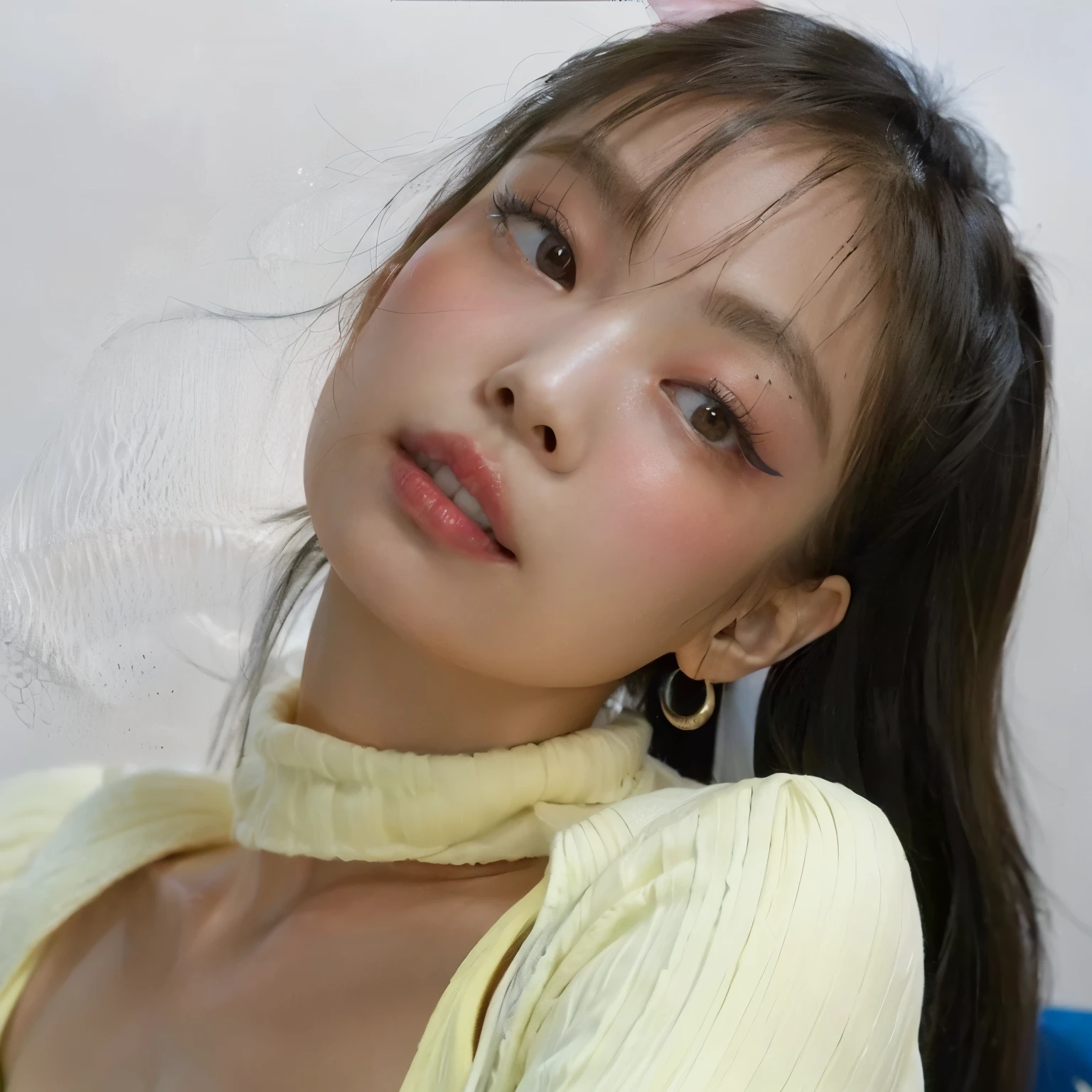a Close up of a woman with a yellow shirt on, Lalisa Manobal, Blackpink Jennie, Lalisa Manoban de Blackpink, Parque Roseanne de Blackpink, Heonhwa Choe, Gongbi, portrait of Jossi de Blackpink, Chica coreana, Jossi de Blackpink, con flequillo, Parque Ji-min, Foto de perfil de la foto de cabeza, Cl