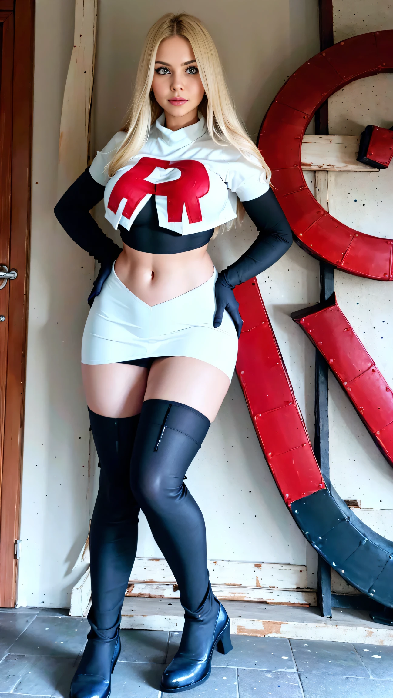 (Realisitc:1.5) woman wearing team rocket,team rocket uniform,white skirt,red letter R,crop top,black thigh-highs,black elbow gloves,