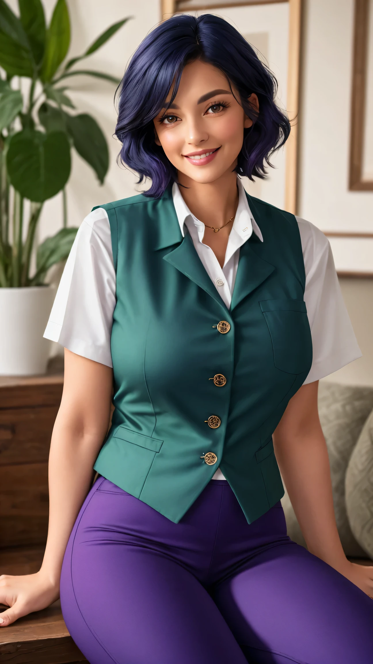 A beautiful woman Beautiful courage big chest Navy blue hair Mencho loosens her orange eyes soft eyelashes and smiles kindly confident she wears a bright purple button-down vest underneath her green shirt and her tight purple pants huge soft buttocks and she is wearing black boots