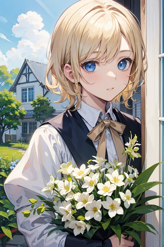 Young boy, effeminate face, period clothing, braces, in front of a house window, light blond cropped hair, light blue eyes, flowers, nature, sun, detailed face, detailed hair, scraggly hair.