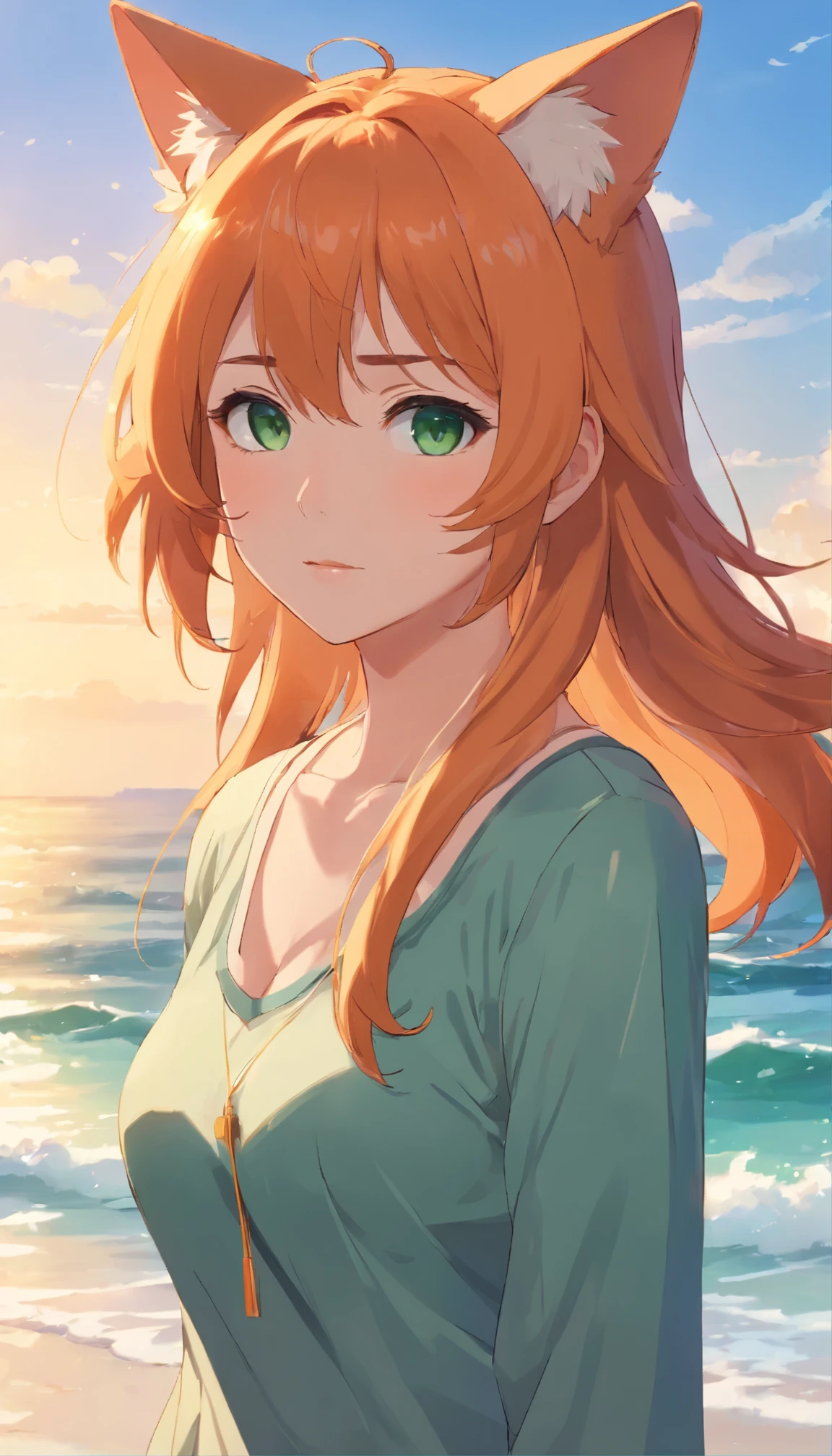 anime girl with long orange hair standing on beach near ocean, green eyes detailed digital anime art, cat ears, , anime girl with long hair, smooth anime cg art, anime girl with long hair, digital anime art, artwork in the style of guweiz, beautiful anime portrait, photorealistic anime girl render, beautiful anime girl, advanced digital anime art, pantyhose, guweiz on artstation pixiv upscale HD UHD HQ