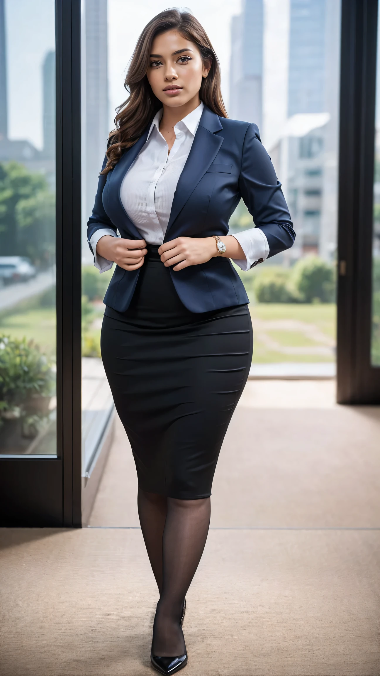 (masutepiece,High quality,16k:1.1),(depth of fields:1.3) ,((front body:1.35)),German ,Woman, ((business suit, pencil skirt)), tights,huge breasts, voluptuous, thicc, curvy,(Looking at Viewer:1.3),(full body shot:1.2),(Beautiful Morning view of town:1.2),