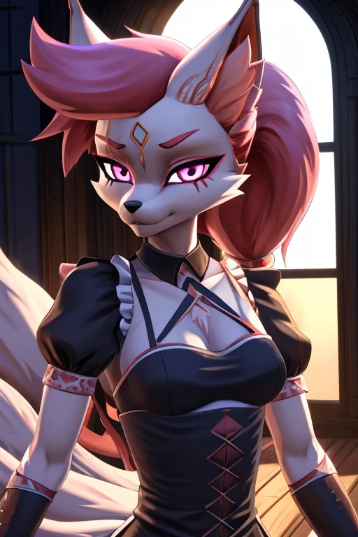 kimiko, furry female anthro, fox girl, white body fur, Pink hair, multiple tails, multi tail, solo, body fur, (best quality), cinematic lighting, anime style, short ponytail, scar on the eye, 2D, detailed background, detailed background, best quality, ultra detail, good lighting, solo, high quality, detailed body, detailed eyes, detailed face, masterpiece, glistening body, shiny body, detailed body fur, best quality, perfect lighting, perfect shadows, perfect eyes, perfect hair, perfect face, gorgeous body, clear sky, glowing eyes, maid costume