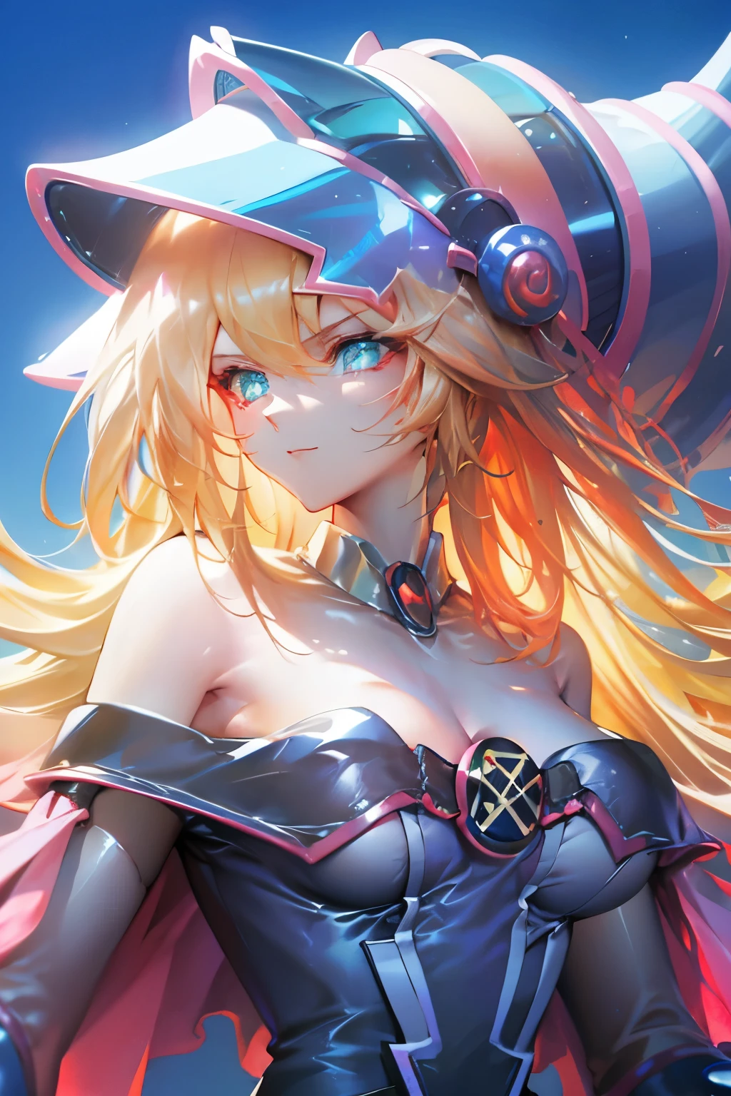 Hatsune Miku disfrazada de dark magician gils. Pose sensual y seductora. Fondo de magia