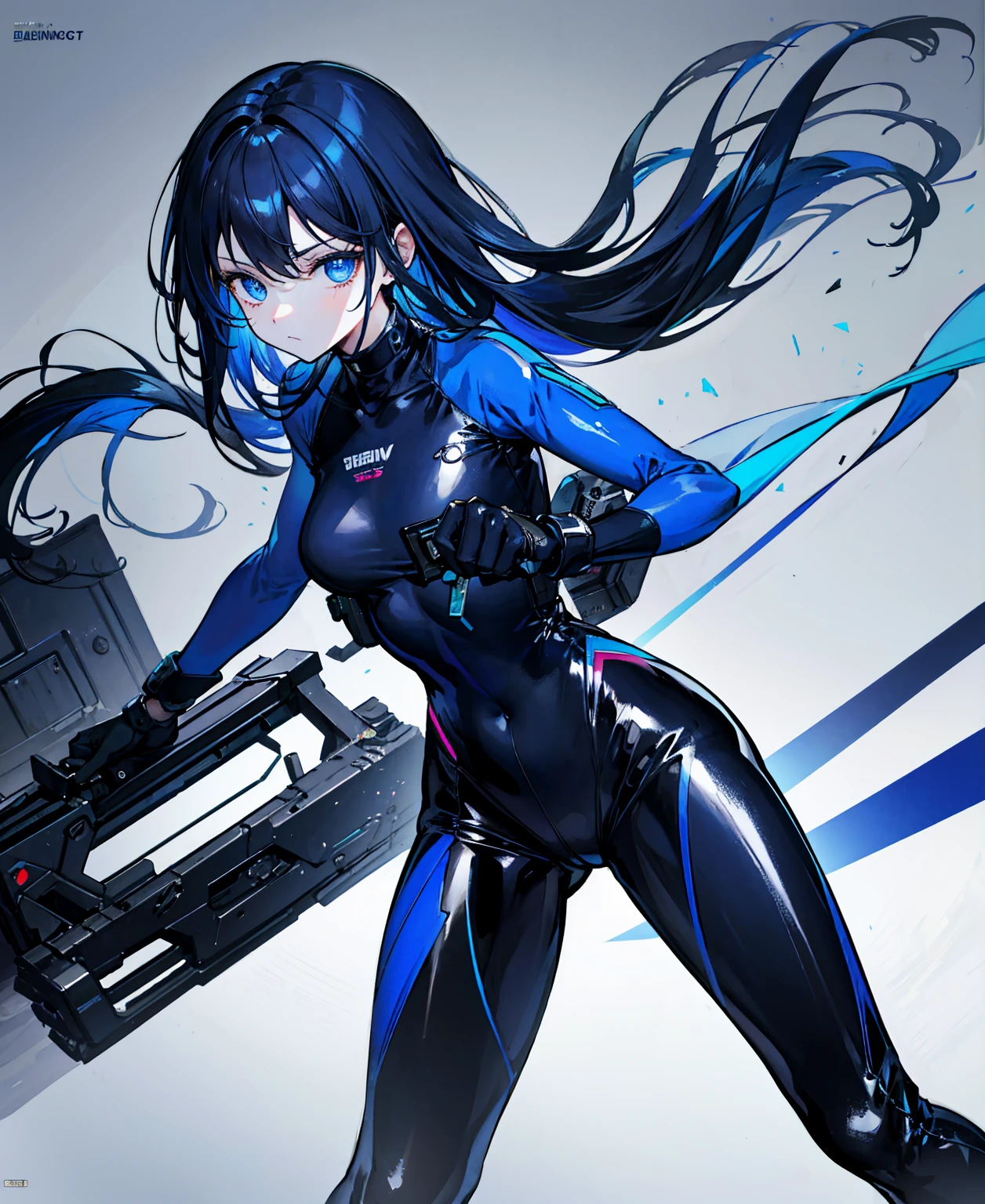 There is no background,girl,Carry a firearm,Patent leather tight suit,Use of firearms,Navy blue long hair,attention arousal,Blue colored eyes,No gradients